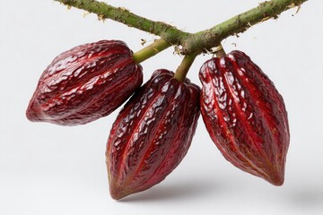 Three ripe, red-brown cacao pods hang clustered on a slender, green branch against a plain white background, showcasing their textured surface and subtle sheen