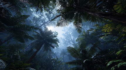 Obraz premium Lush emerald jungle canopy with bright sky peeking through dense foliage forest trees