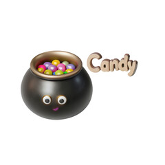 Cute cauldron brimming with colorful candies sits beside the word 'Candy' on transparent background