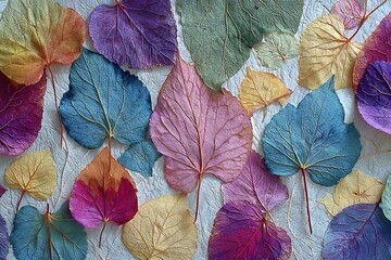 Radiant pressed leaves on a textured canvas  
