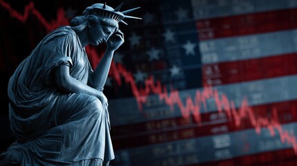 Fototapeta premium Statue of Liberty in deep contemplation, set against a backdrop of fluctuating stock market graphs and an American flag, symbolizing economic uncertainty and national identity