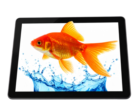 Aquarium Fish Leaping Out of a Digital Screen with Water Splash, Transparent PNG