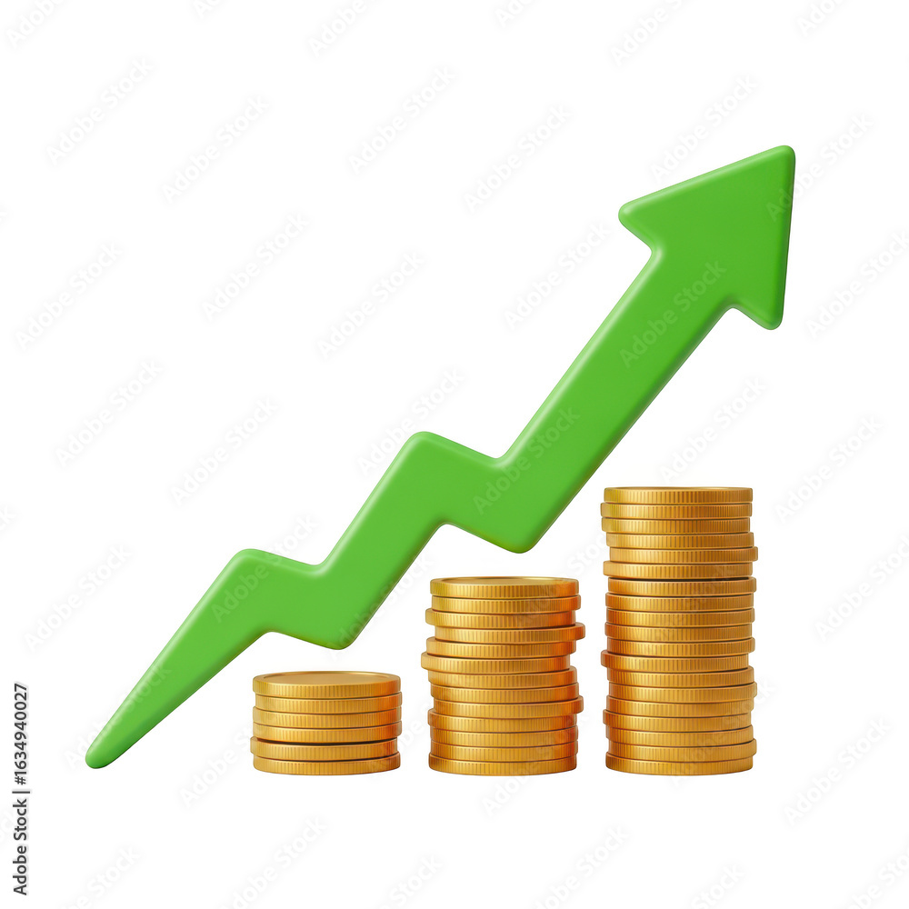 Poster 3d icon of stacks of coins with an upward arrow isolated on transparent background illustration