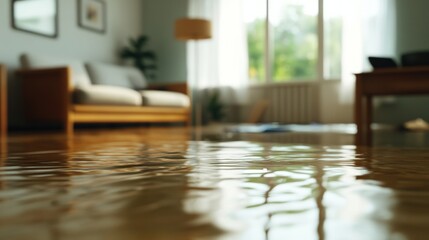 Water damage on wood floor in living room home interior flood