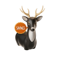 Deer figurine has savings label hanging around its neck, pictured on transparent background