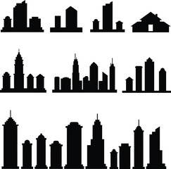 Collection of diverse cityscape silhouettes and architectural building icons in monochrome vector illustration, representing urban life, business, and modern development.