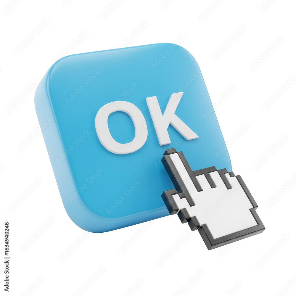 Poster 3d icon of blue ok button with a cursor clicking it, isolated on transparent background