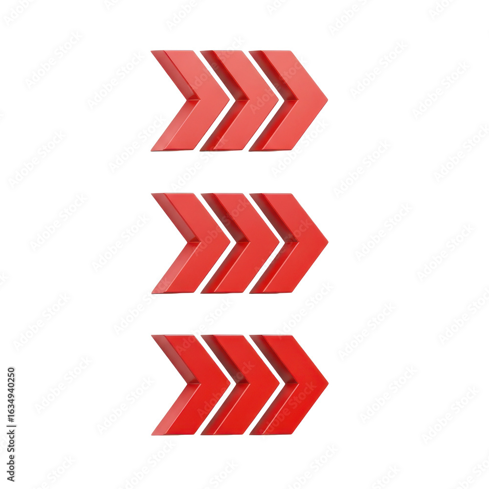 Poster 3d icon of three red arrows pointing to the right, isolated on transparent background