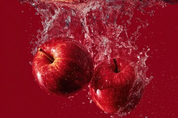 Two red apples splashing into vibrant red water, creating a dynamic, high-contrast image
