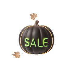 Elegant pumpkin showcases neon 'SALE' lettering with falling leaves on transparent background