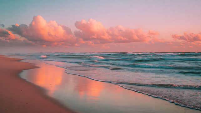 Pink clouds over turquoise ocean waves crashing on a sandy shore beach
