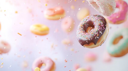 Assorted colorful donuts floating food still life treat pastry delicious baked confection