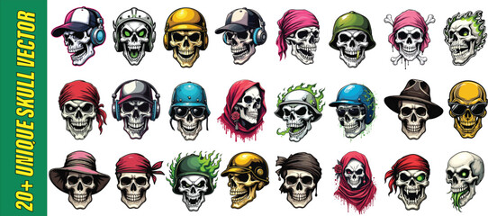 20+ Unique Skull Vector Set &ndash; Colorful Skull, Pirate Skull, Biker Skull, Unique Skull, Perfect for tattoo designs, streetwear, poster art, gaming graphics, Halloween visuals, and merchandise.