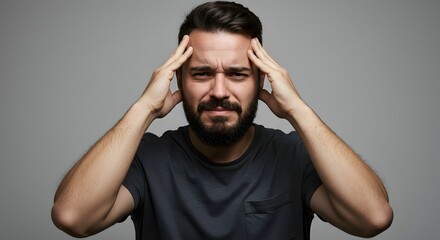 Fototapeta premium Bearded Man in Agony Pressing Temples to Relieve Intense Migraine Pain.