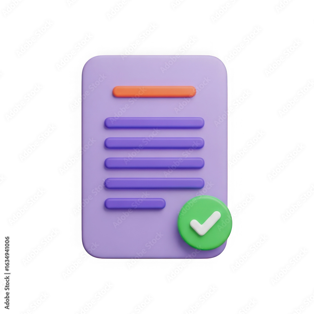 Aufkleber 3d rendered document icon with a green checkmark symbol isolated on transparent background