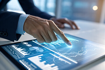 Professional analyzing financial data on a modern tablet with dynamic charts and graphs for strategic decisions