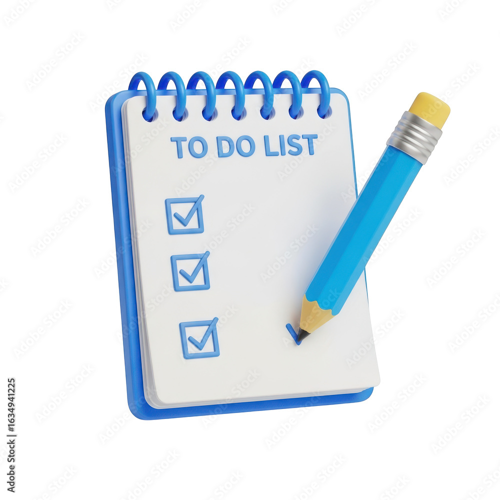 Poster 3d icon of a todo list with checked boxes and a pencil isolated on transparent background