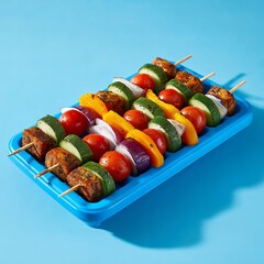 Three blue wooden skewers with colorful vegetables on top, against the background of a light-blue plastic board, on which lie greenery and sliced red onion, yellow zucchini, and orange bell pepper. 