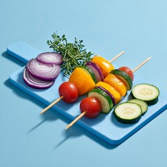 Three blue wooden skewers with colorful vegetables on top, against the background of a light-blue plastic board, on which lie greenery and sliced red onion, yellow zucchini, and orange bell pepper. 