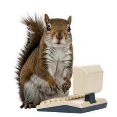 A curious squirrel interacts with a vintage computer, blending nature with technology in a humorous scene.