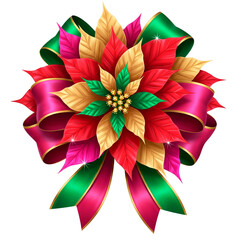 Fototapeta premium Vibrant Poinsettia with Multi-Colored Leaves and Ribbons: Festive Christmas Artwork