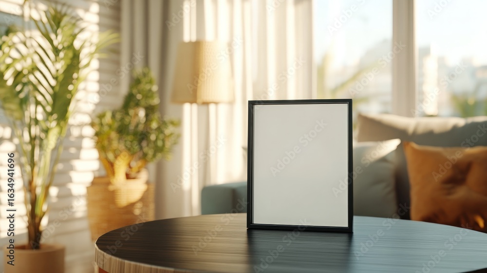 Poster blank frame mockup on table top for art display or photography