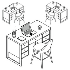 Isometric Office Desk with Laptop and Chair &ndash; Line Art Vector on White Background

