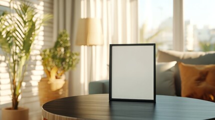 Fototapeta premium Blank frame mockup on table top for art display or photography