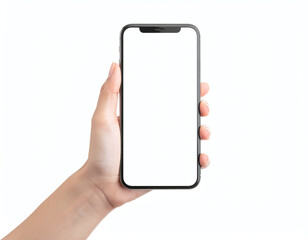 Hand Holding Smartphone with Blank Screen Isolated on White Background