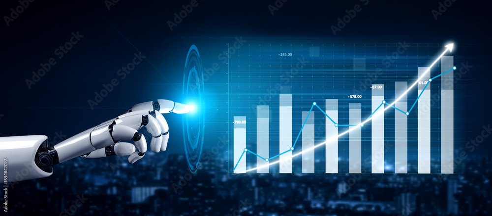 Poster a sleek robotic hand points towards a digital financial chart, symbolizing the intersection of techn