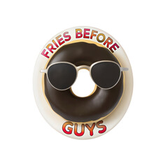 Frosted chocolate doughnut dons eyewear with fries before guys inscription on transparent background
