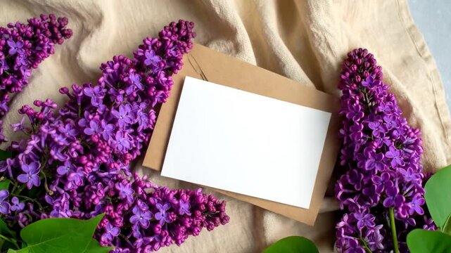 A blank white card rests on a brown envelope surrounded by vibrant purple lilac blossoms on a tan linen backdrop