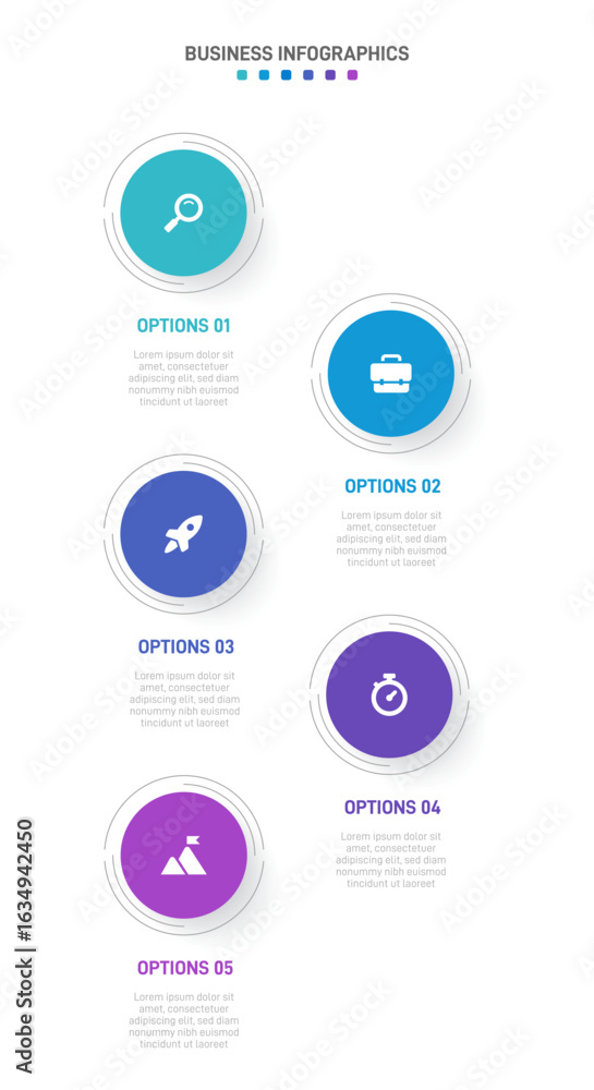 Aufkleber vertical progress bar featuring 5 arrow-shaped elements, symbolizing the five stages of business str