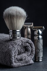 A badger-hair shaving brush rests atop a rolled grey towel, next to a safety razor and a shaving soap container; all on a dark surface