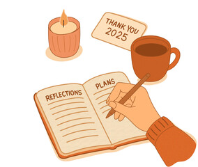 Cozy flat lay of a hand journaling reflections and plans for 2025, with candle, tea, and gratitude note. Warm tones and calm vibe — perfect for New Year, wellness, and mindfulness content. Vector form