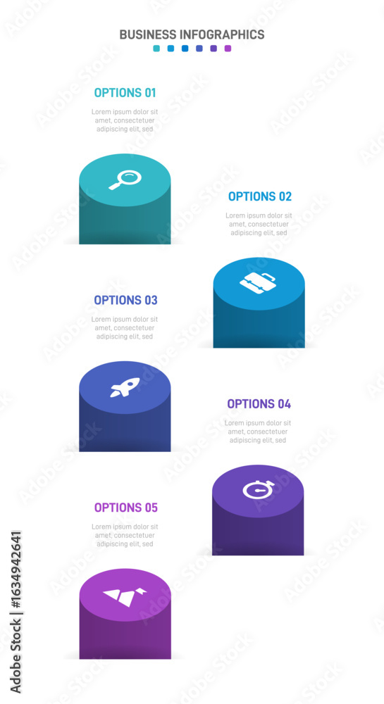 Aufkleber vertical progress bar featuring 5 arrow-shaped elements, symbolizing the five stages of business str