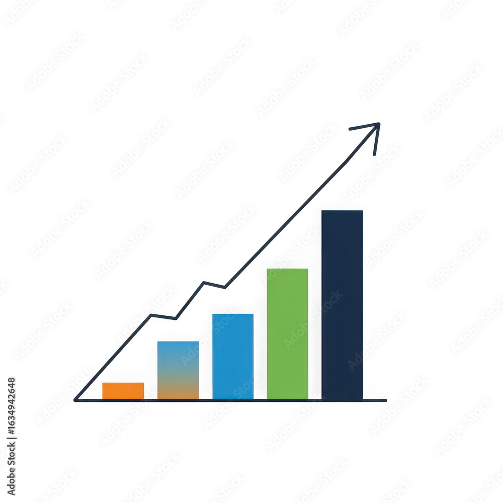 Poster bar chart with upward trend line showing business growth and financial performance isolated on trans