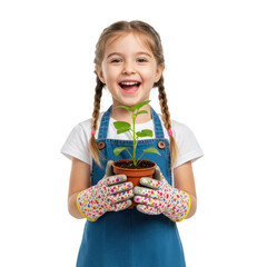 A young girl is excited to plant a seedling in her garden, showing a big smile.