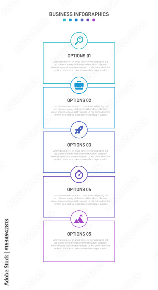 Poster vertical progress bar featuring 5 arrow-shaped elements, symbolizing the five stages of business str