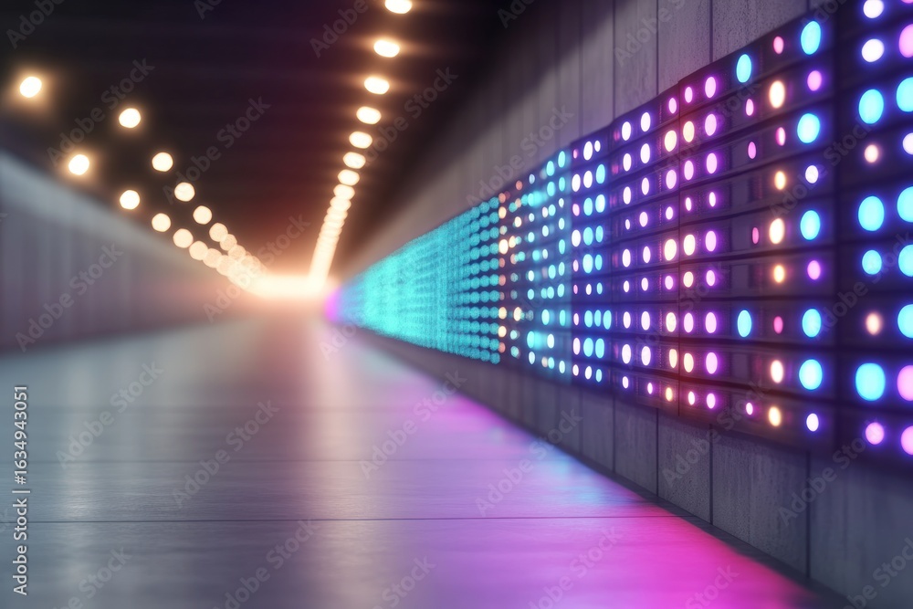 Poster abstract digital corridor with glowing neon lights and reflective surfaces creating a futuristic vis