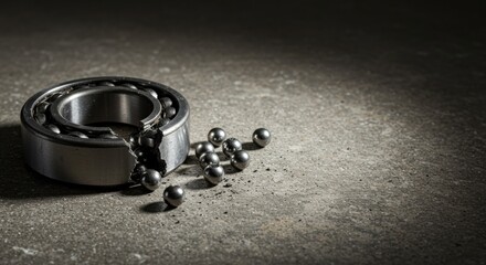 Damaged Ball Bearing with Scattered Steel Balls on Concrete Surface