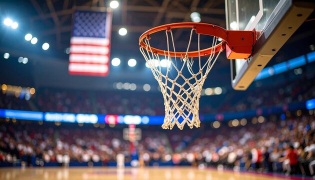  Basketball Hoop in a Stadium with a US Flag