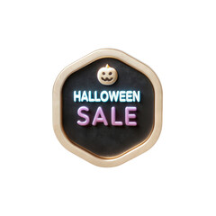 Glowing Halloween Sale message displayed on a dark tag with a cute pumpkin on transparent background