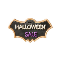 Halloween sale is displayed on a bat shaped sign on transparent background
