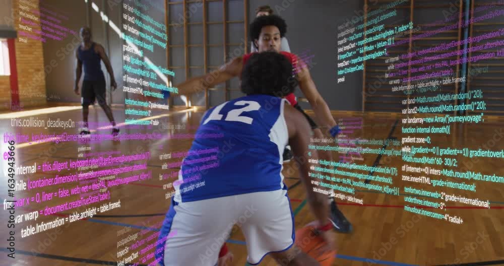 Aufkleber blue jersey player executing low crossover dribble in gym tech pulsing passing to teammate to score