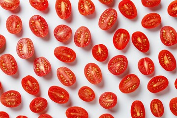 Halved cherry tomatoes arranged in an overlapping pattern on a white background, showcasing their vibrant red color and juicy texture