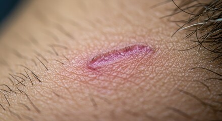 Fototapeta premium Close-up of a Fresh, Pink Scar on Human Skin with Hair Follicles, Macro Detail