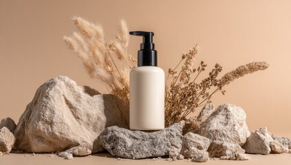 A minimalist product shot featuring a white pump bottle nestled amongst light-colored rocks and dried floral accents against a neutral backdrop