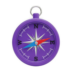 A bright purple compass with a detailed face showing cardinal directions and a needle isolated on transparent background