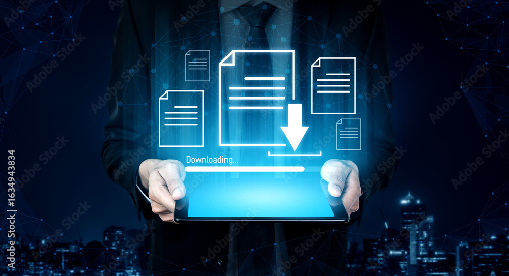 Poster visual representation of digital document downloading, showing file transfer, data access, and progr